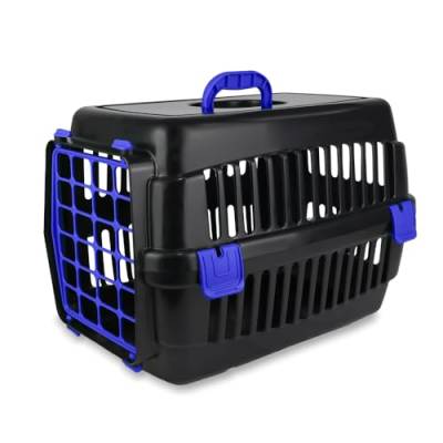 Katzen-Transportbox-Robuste Hartschalen | Strapazierfähige Katzenbox | Robuste Katzenbox aus Hartplastik | Schlagfeste Hartschalen-Katzen-Transportbox |Kunststoffbox für Katzen (Schwarz-Blau) von ADAK