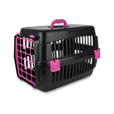 Katzen-Transportbox-Robuste Hartschalen | Strapazierfähige Katzenbox | Robuste Katzenbox aus Hartplastik | Schlagfeste Hartschalen-Katzen-Transportbox |Kunststoffbox für Katzen (Schwarz-Pink) von ADAK