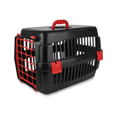Katzen-Transportbox-Robuste Hartschalen | Strapazierfähige Katzenbox | Robuste Katzenbox aus Hartplastik | Schlagfeste Hartschalen-Katzen-Transportbox |Kunststoffbox für Katzen (Schwarz-Rot) von ADAK