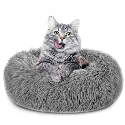 Amazinggirl Katzenbett flauschig ∅ 50 cm - Katzenkorb Katzenkissen Katzen Bett Katzenkörbchen Rund cat Bed Hellgrau von Amazinggirl