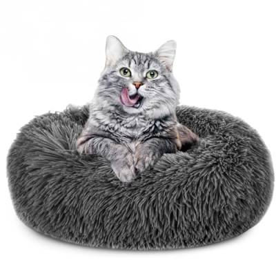 Amazinggirl Katzenbett flauschig ∅ 80 cm - Katzenkorb Katzenkissen Katzen Bett Katzenkörbchen Rund cat Bed Dunkelgrau von Amazinggirl
