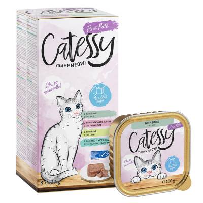 Mixpaket Catessy Schälchen 8 x 100 g Pastete 2 (Wild, Fasan/Pute, Lamm, Scholle/Kabeljau) von Catessy