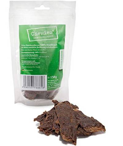 Chewies Hundesnack aus 100 % Rind - 4 x 150 g - Fleischstreifen für Hunde - luftgetrocknete Rinderfleisch Kaustreifen - hypoallergen & getreidefrei - Dörrfleisch vom Rind (600 g) von Chewies