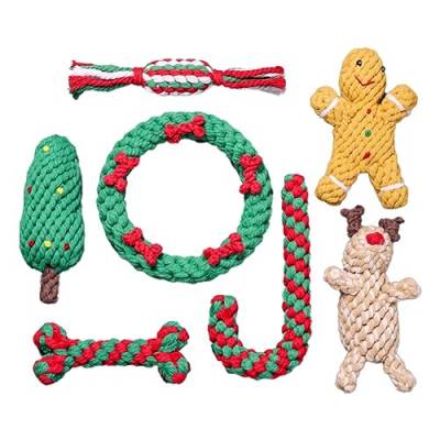 Darmlly 7-Teiliges Weihnachtsset für Haustiere, Baumwollseilspielzeug, Zahnreinigung, Hundeseilspielzeug, Weihnachtliches Kautrainingsspielzeug von Darmlly