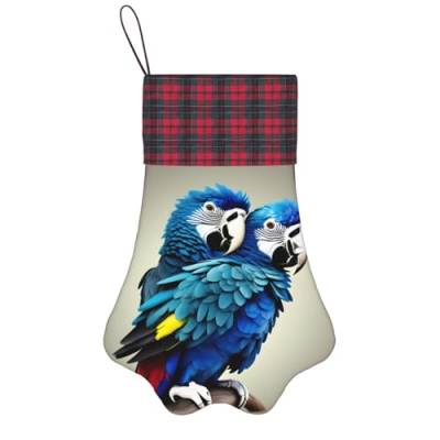 Personalisierter Hunde-Weihnachtsstrumpf mit Aufhängegurt – Vintage und warme Feiertagsdekoration blauer Papagei umarmt von FRGMNT