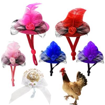 HEKARBAMILL Pet Feather Top Hut 6pcs 2,75 Zoll 6 Farben lustig mit verstellbaren elastischen Kinngurt Mini winziger Hühnerhelm Haustiere Huhn mit Seil von HEKARBAMILL