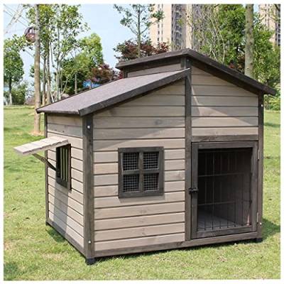 Hundehütte im Freien, erhöhte Haustierhütte aus Holz mit Asphaltdach, Vordertür, Seitenfenster, Veranda für mittelgroße/große Hunde (Größe: 3XL) von KiLoom