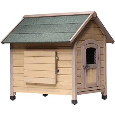 Outdoor-Hundehütte im Hüttenstil, erhöhte Haustierhütte aus Holz mit Asphaltdach, Vordertür, Seitenfenster, Veranda für mittelgroße/große Hunde (Farbe: Braun, Größe: XL) von KiLoom