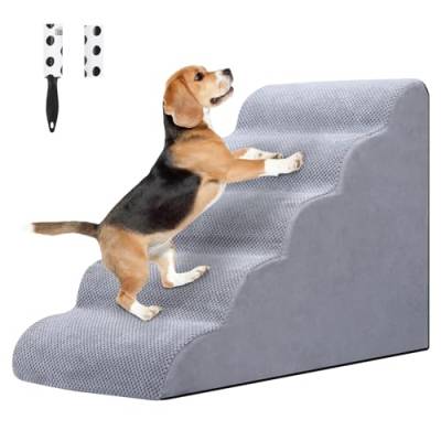 5 Stufen Hundetreppe für Bett/Couch, LIANTRAL Haustiertreppe mit strapazierfähigem hochdichtem Schaumstoff & waschbarer Bezug und Tierhaarentferner-Rolle, reduziert Stress auf Tiergelenke, Grau von LIANTRAL