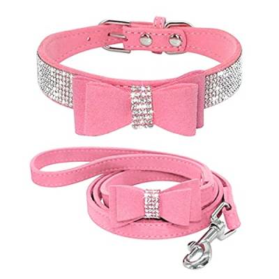 1 Pc Rhinestone Dog Collar Leash Set Adjustable Puppy Cat Collars Cute Bowknot Pet Walking Leashes Leads-Pink 2,XS von LRZIN