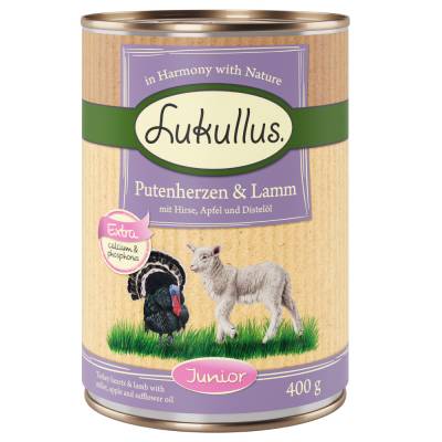 10 + 2 gratis! 12 x 400 g Sparpaket Lukullus Naturkost - Junior Putenherzen & Lamm von Lukullus