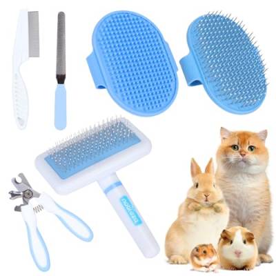 Nobleza - 6-Teiliges Kleintierpflegeset, Kaninchenpflegeset mit Raclettebürste, Bade- und Massagehandschuh, Hamsterkamm (Blau) von Nobleza