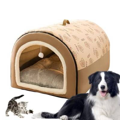 Bedecktes Hundebett – 2-in-1 abnehmbares, überdachtes Katzenbett mit Kugelanhänger, überdachtes Katzenversteck, Flanell-Katzennest, warme und bequeme Hundebetten für große Hunde, waschbare von Rurunklee