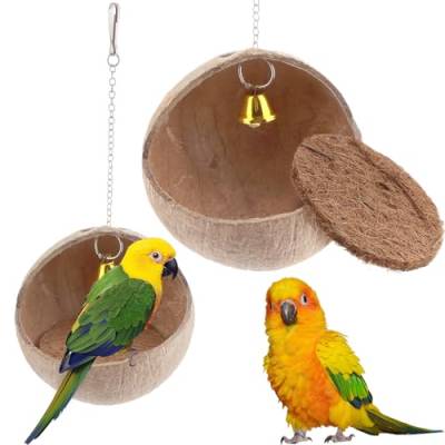 VTurboWay 2 Stück Natürliche Kokosnussschale Vogelnest Zucht Nesting Anti-Pecking Biss mit Kokosnuss Matte und Glocke für Vogel Papagei Sittiche von VTurboWay