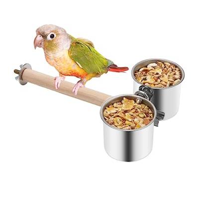 Vogelholzständer mit Edelstahl-Futterschale für Papageien, Sittiche, Nymphensittiche, Käfigzubehör (A: Sitzstange mit 2 Futterschalen) von Wontee