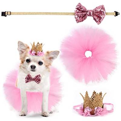Yuehuam Geburtstags-Outfit für Hunde und Mädchen, rosa Tutu-Rock, Hundekrone, Hut, Fliege für kleine und mittelgroße Hunde, Welpen, Katzen, Geburtstagsparty-Zubehör von Yuehuam