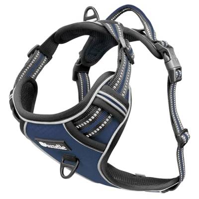 BLUZELLE Hundegeschirr für große Hunde, Reflektierendes Brustgeschirr mit Griff & Tasche für GPS Tracker, Anti-Zug Hundeweste Hund-Warnweste, Atmungsaktiv Reflektor-Gurte, XL, Farbe:Blau von bluzelle