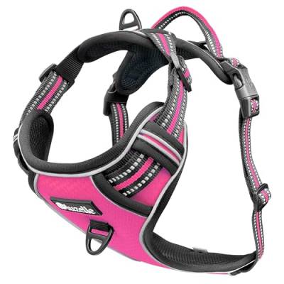BLUZELLE Hundegeschirr für große Hunde, Reflektierendes Brustgeschirr mit Griff & Tasche für GPS Tracker, Anti-Zug Hundeweste Hund-Warnweste, Atmungsaktiv Reflektor-Gurte, XL, Farbe:Pink von bluzelle