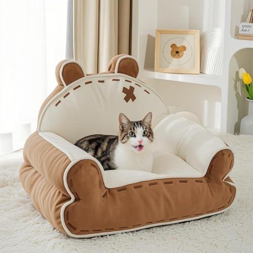 寵幸 Katzen-Couch-Bett für Indoor-Katzen, niedliche Couch für Haustiere, Form-Design, Katzen-Sofabett mit Bärenohr, flauschige Haustierbetten mit rutschfester Unterseite, bis zu 9 kg, 63,5 cm von 寵幸