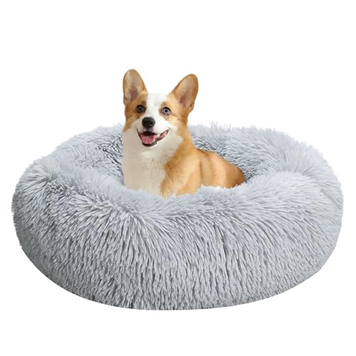 Baguuaray Haustierbett Katzenbett 50cm Haustierbett Flauschig Plüsch Hundebett Rund Weiches Flauschiges rutschfest Katzenkissen Waschbar Haustierbett (M~Hellgrau) von Baguuaray