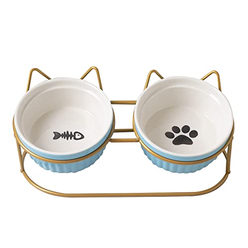 Koomiao 2 Stücke Katzennapf Keramik mit Metall Ständer Katzennapf Set, 300ml Fressnapf Katzen Nackenschutz Keramiknapf für Katzen oder Hunde (Blaue + Goldene Halterung) von 通用