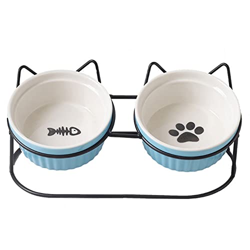 Koomiao 2 Stücke Katzennapf Keramik mit Metall Ständer Katzennapf Set, 300ml Fressnapf Katzen Nackenschutz Keramiknapf für Katzen oder Hunde (Blaue + Schwarze Halterung) von 通用