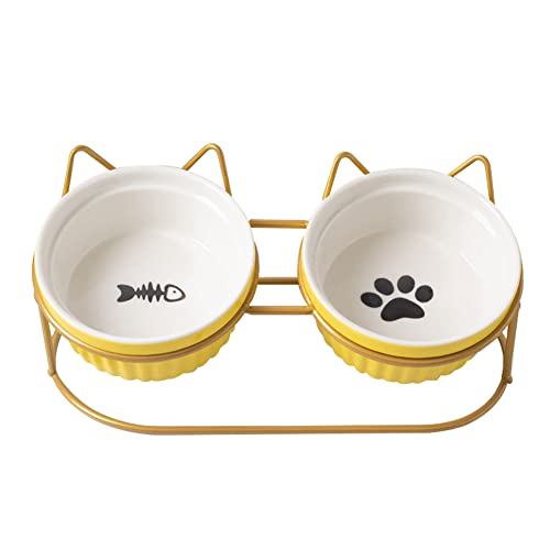 Koomiao 2 Stücke Katzennapf Keramik mit Metall Ständer Katzennapf Set, 300ml Fressnapf Katzen Nackenschutz Keramiknapf für Katzen oder Hunde (Gelb + Goldene Halterung) von 通用