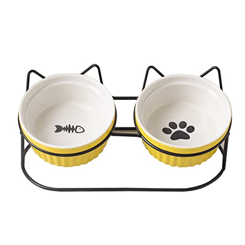 Koomiao 2 Stücke Katzennapf Keramik mit Metall Ständer Katzennapf Set, 300ml Fressnapf Katzen Nackenschutz Keramiknapf für Katzen oder Hunde (Gelb + Schwarze Halterung) von 通用