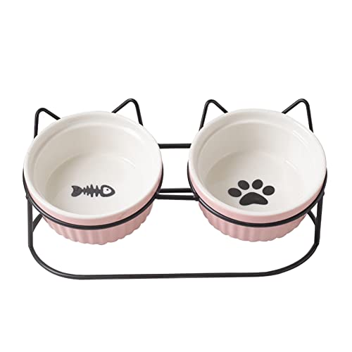 Koomiao 2 Stücke Katzennapf Keramik mit Metall Ständer Katzennapf Set, 300ml Fressnapf Katzen Nackenschutz Keramiknapf für Katzen oder Hunde (Rosa + Schwarze Halterung) von 通用