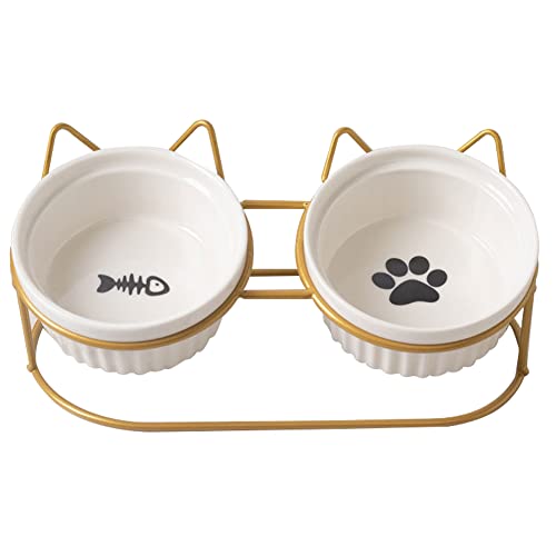 Koomiao 2 Stücke Katzennapf Keramik mit Metall Ständer Katzennapf Set, 300ml Fressnapf Katzen Nackenschutz Keramiknapf für Katzen oder Hunde (Weiß + Goldene Halterung) von 通用