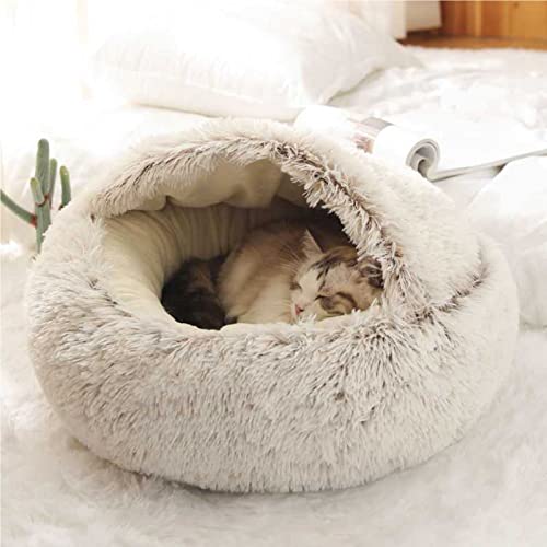 LIEMUAO Flauschiges Katzenbett Runder Haustierbett,Höhlen-Katzenbett mit Kapuze rutschfest warm Katzenbett für Katzen und Welpen (40cm, Braun) von 通用