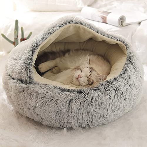 LIEMUAO Flauschiges Katzenbett Runder Haustierbett,Höhlen-Katzenbett mit Kapuze rutschfest warm Katzenbett für Katzen und Welpen (40cm, Grau) von 通用