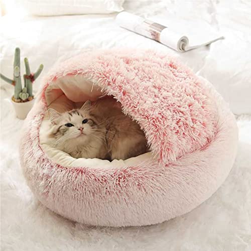 LIEMUAO Flauschiges Katzenbett Runder Haustierbett,Höhlen-Katzenbett mit Kapuze rutschfest warm Katzenbett für Katzen und Welpen (40cm, Rosa) von 通用