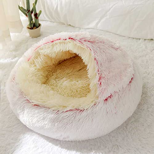 LIEMUAO Flauschiges Katzenbett Runder Haustierbett,Höhlen-Katzenbett mit Kapuze rutschfest warm Katzenbett für Katzen und Welpen (40cm, Rosa-1) von 通用