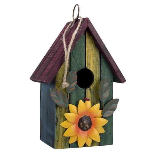 100 North Attraktions-Design, grüne und gelbe Streifen mit gelben Metallblumen-Akzenten – 23,6 x 16,3 cm, hängendes Vogelhaus aus Holz 100 North Attraktions-Design, grüne und gelbe Streifen mit gelben Metallblumen-Akzenten – 23,6 x 16,3 cm, hängendes Vogelhaus aus Holz von 100 North