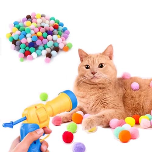 3MNSCD Katzenspielzeug, Ballwerfer-Set, lustig, bunt, Plüsch, selbstspielend, Bommel, Schießen, interaktiv, für Indoor-Katzen, Bereicherung, Kätzchen, Puffball (Launcher mit 50 Bällen) von 3MNSCD