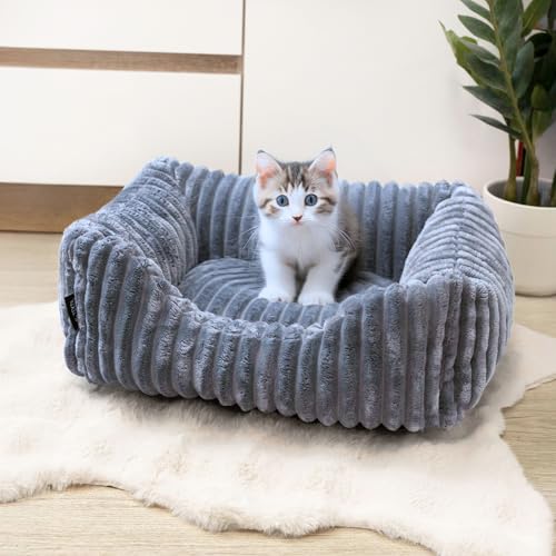 4L Textil Bella Plüsch-Katzenbett Premium-LINE Kuscheliges Katzenkörbchen aus Cord Katzenkorb Katzenbett flauschig Katzenhöhle (Grau, 60x40 cm) von 4L Textil