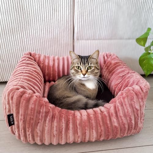 4L Textil Bella Plüsch-Katzenbett Premium-LINE Kuscheliges Katzenkörbchen aus Cord Katzenkorb Katzenbett flauschig Katzenhöhle (Rosa, 60x40 cm) von 4L Textil