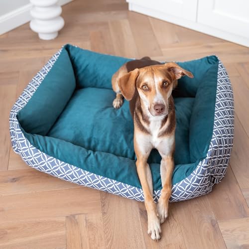 4L Textil OTTO Kuscheliges Boho Hundebett Bezug abnehmbar und waschbar Hundekorb mittelgroße Hunde Hundekissen flauschig Hundekörbchen Hundesofa Petrol (80x60 cm, Türkis) von 4L Textil