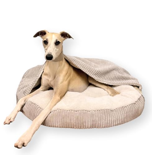 4L Textil Hundebett große Hunde waschbar Hundehöhle Hundekorb mit Kapuze Hundeschlafsack Hundesofa für Mittelgroße Hunde Hundekissen flauschig (Beige, L 90 x B 90 x H 12 cm) von 4L Textil