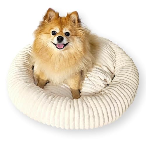 4L Textil Luna Kuscheliges Hundebett kleine Hunde BEIGE Katzenbett flauschig Hundekörbchen Plüsch Katzenkörbchen Hundekorb für Welpen Hundekissen rund Katzenkorb waschbar (60x55 cm, Beige) von 4L Textil