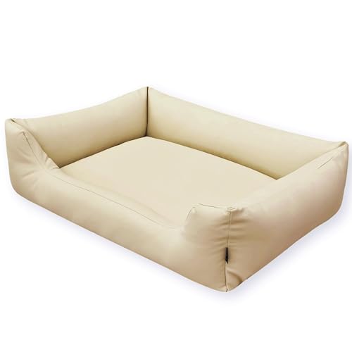 4L Textil Mario Wasserfestes Hundebett Kunstleder Beige Hundekorb aus Kunstleder Hundekörbchen Kunstleder Hundebett Leder Imitat Hundebett Lederoptik (100x70 cm, Beige) von 4L Textil
