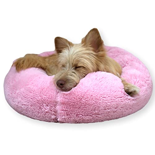 4L Textil Fuzzy Katzenbett flauschig Donut Hundebett kleine Hunde Katzenbett kuschelig weich Plüsch Katzenkörbchen Katzen Kuschelbett (Ø 40 cm, Rosa) von 4L Textil