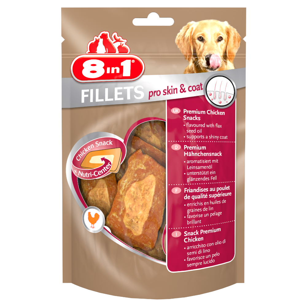 3 + 1 gratis! 4 x 80 g 8in1 Fillets Pro Snacks - Skin & Coat 3 + 1 gratis! 4 x 80 g 8in1 Fillets Pro Snacks - Skin & Coat von 8in1