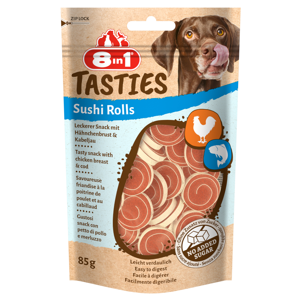 3 + 1 gratis! 4 x 85 g 8in1 Tasties Hundesnacks - Sushi Rolls Huhn 3 + 1 gratis! 4 x 85 g 8in1 Tasties Hundesnacks - Sushi Rolls Huhn von 8in1