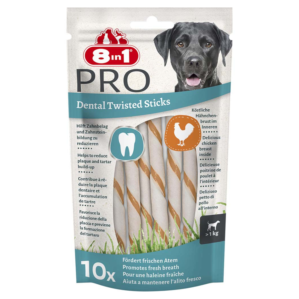 3 + 1 gratis! 4 x 8in1 Pro Dental Huhn - 4 x 10 Stück Twisted Sticks 3 + 1 gratis! 4 x 8in1 Pro Dental Huhn - 4 x 10 Stück Twisted Sticks von 8in1