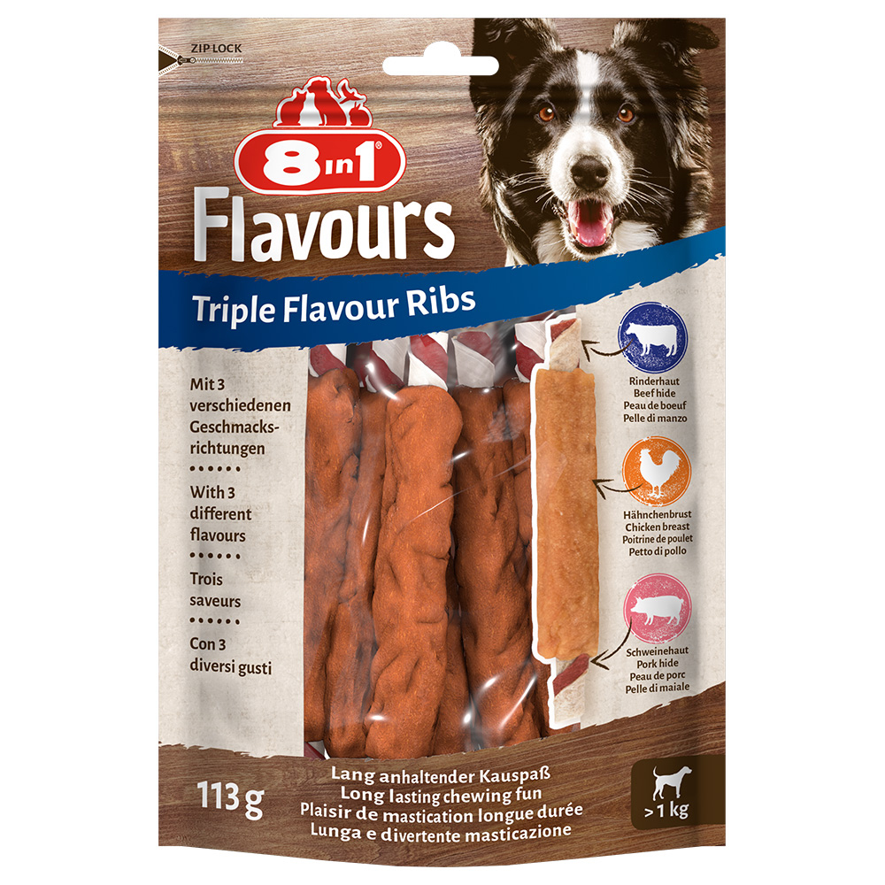 3 + 1 gratis! 4 x 8in1 Triple Flavour - 4 x 6 Stück Ribs Kaustangen 3 + 1 gratis! 4 x 8in1 Triple Flavour - 4 x 6 Stück Ribs Kaustangen von 8in1