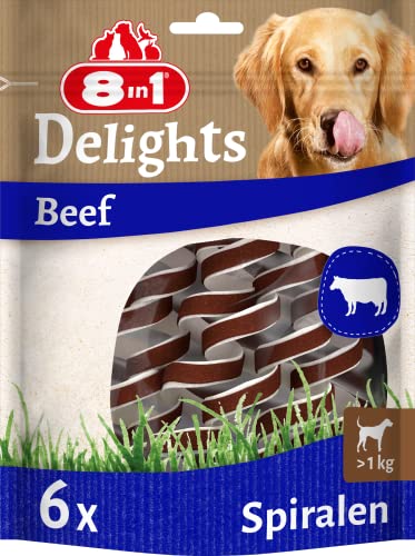 8in1 Delights Beef Kau-Spiralen - gesunder Kausnack für Sensible Hunde, hochwertiges Rindfleisch eingewickelt in Rinderhaut, 6 Stück von 8in1