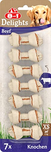 8in1 Delights Beef Knochen XS - gesunde Kauknochen für sensible mini Hunde, hochwertiges Rindfleisch eingewickelt in Rinderhaut, 7 Stück von 8in1