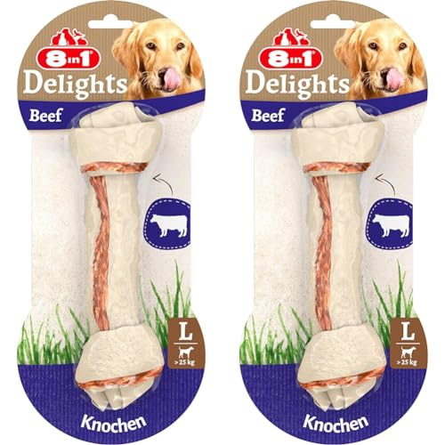 8in1 Delights Beef Knochen L - gesunder Kauknochen für Sensible große Hunde, hochwertiges Rindfleisch eingewickelt in Rinderhaut, 1 Stück (Packung mit 2) von 8in1
